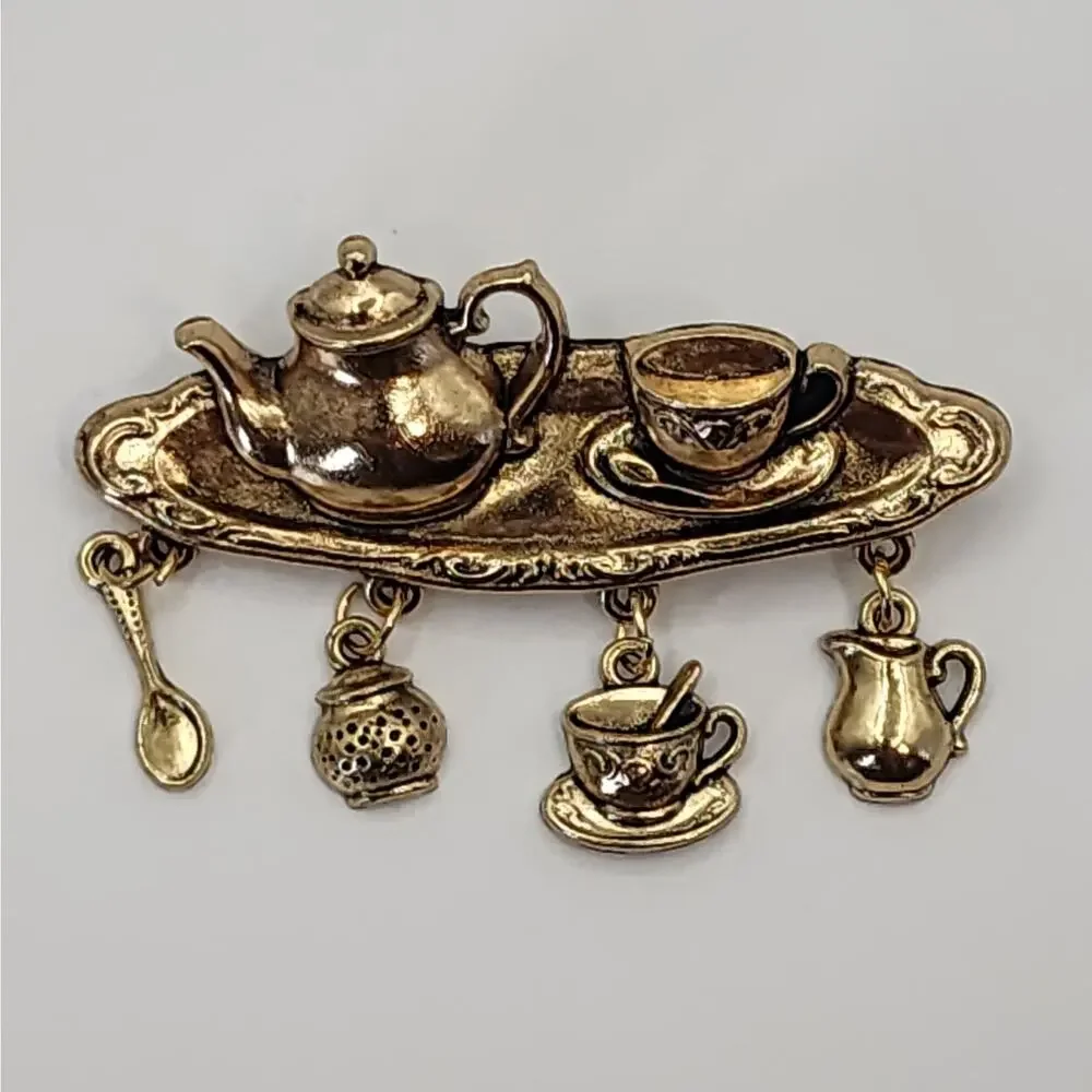 Gold Tone Miniature Tea Set Brooch Pin with Hanging Charms Wonderland Vibes